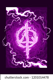 Cartoon violet magic spell witch symbol or sign with lightning element. Vector background.