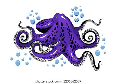 Cartoon violet purple octopus with bubbles isolated on white background. Inhabitants of the salt seas, marines and oceans. Seafood detail colored clip-art vector close-up illustration.