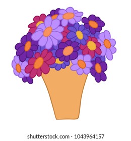 Cartoon violet and red flowers in simple yellow pot. Vector illustration isolated on white background.