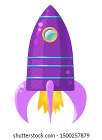 Cartoon violet rocket with flame isolated on white background. Vector