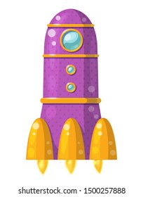 Cartoon violet rocket with flame isolated on white background. Vector