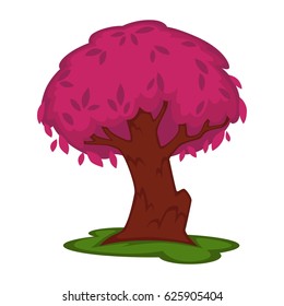 Árbol violeta de dibujos animados con tronco masivo en vector de césped verde