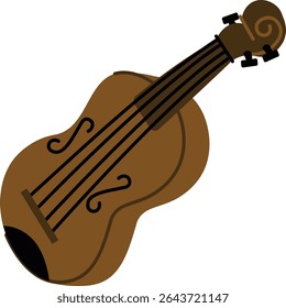 A cartoon violin with four strings and decorative f-holes in a playful style. The musical instrument is depicted with bold outlines and simple shapes. Cartoon vector illustration.
