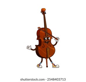 Cartoon violin groovy musical instrument character. Isolated vector fiddle playing classic music on itself. Musician equipment personage with smiling face and bow in hand promoting educational classes