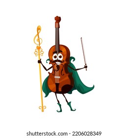 Cartoon violin magician character. Isolated vector musical string instrument wear wiz cape, personage with magic staff. Educational classes for kids, musician wiz with smiling face and bow in hand