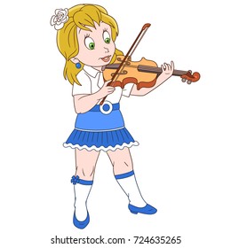 Cartoon violinist girl playing symphony music on her violin. Colorful book page design for kids and children.