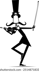 Cartoon violinist in the top hat. 
Cartoon long mustache violinist in the top hat. Black and white illustration
