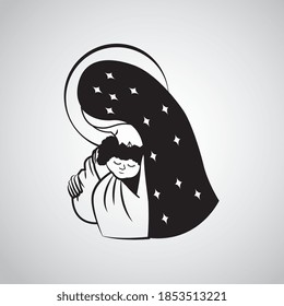 cartoon of the virgin of guadalupe with baby jesus between arms. black and white. vector illustration