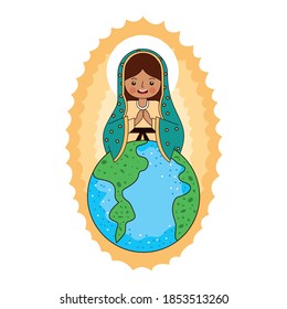 cartoon of the virgin of guadalupe with blaze lighting up the planet. vector illustration