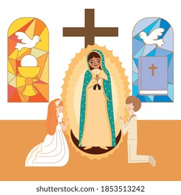 cartoon of the virgin of guadalupe with children praying in the church. vector illustration