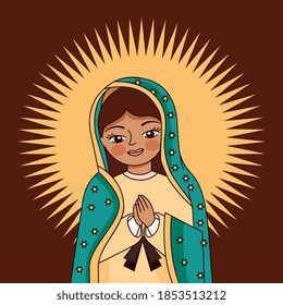 cartoon of the virgin of guadalupe with halo over brown background. vector illustration