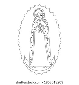 cartoon of the virgin of guadalupe on moon with blaze. vector illustration