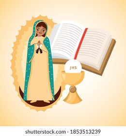 cartoon of the virgin of guadalupe on moon with blaze with jesucristo eucharist and bible. vector illustration