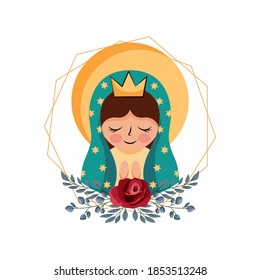 cartoon of the virgin of guadalupe with their hands together praying with bouquet of roses. vector illustration