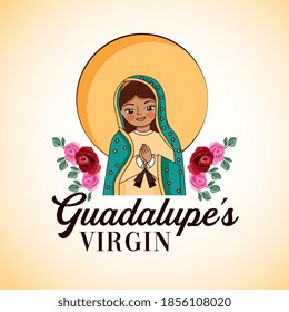 cartoon of the virgin of guadalupe with their hands together praying and roses. vector illustration