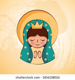 cartoon of the virgin of guadalupe with their hands together praying. vector illustration