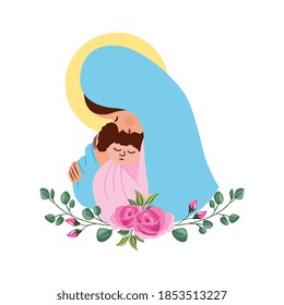 cartoon of the virgin mary with baby jesus between arms with bouquet roses. vector illustration
