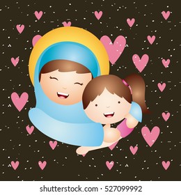cartoon virgin mary hugging a girl. catholic love design. vector illustration