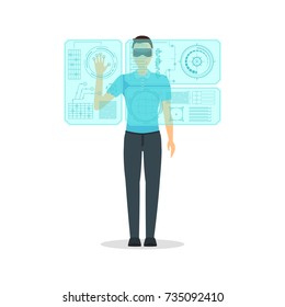 Cartoon Virtual Reality Man with Transparent Futuristic Technology Display Concept Flat Design Style Innovation Communication Equipment on a White. Vector illustration Boy using Vr