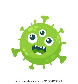 Cartoon Virus, Bacteria or Germ with Funny Face, Coronavirus Character. Green Covid19 Cell With Three Eyes and Outgrowths. Pathogen Microbe Mascot, Corona Personage Isolated Vector Illustration, Icon
