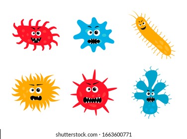 Conjunto de bacterias del virus de la caricatura. Graciosos microbios de kawaii, gérmenes y células toxínicas aislados en fondo blanco. Diseño microbiológico de la infección por gripe colorida. Ilustración del vector
