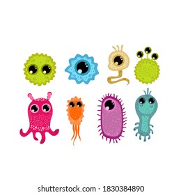 Cartoon virus bacteria set. Funny kawaii microbes, germs and toxin cells isolated on white background. Funny characters collection. Cute monster icons in vector style.