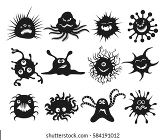 Cartoon Virus Black Icons. Cell Viruses, Bacillus And Bacteria Set Like Flu And Cancer Vector Illustration