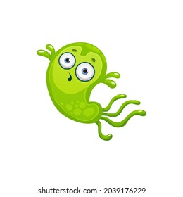 Cartoon virus cell vector icon, cute green bacteria, astonished germ character with funny face. Smiling pathogen microbe with big eyes and long flagella, isolated micro organism symbol
