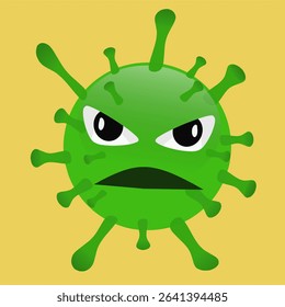 Cartoon Virus Character with Angry Expression on Yellow Background,Humorous and colorful depiction of an animated virus character