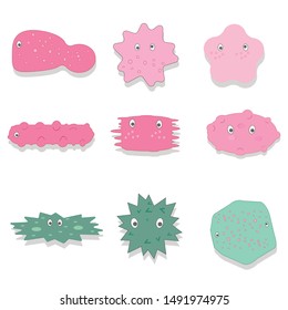 Cartoon virus character vector illustration on white background. Cute fly germ virus infection vector and funny micro bacteria character. Microbe, Pathogen, Virus icon. Funny isolated virus characters