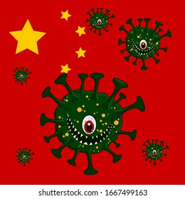 Ilustración vectorial de carácter de caricatura en fondo blanco. linda ilustración vectorial monstruo. COVID-19, 2019-nCoV,Virus corona de virus en Wuhan.