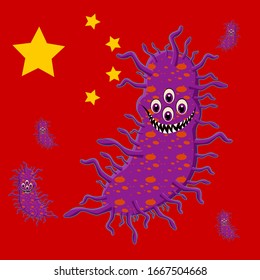 Ilustración vectorial de carácter de caricatura en fondo blanco. linda ilustración vectorial monstruo. COVID-19, 2019-nCoV,Virus corona de virus en Wuhan.