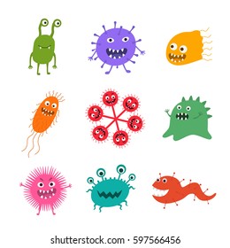 Cartoon virus character vector illustration. Cute fly germ virus infection vector and funny micro bacteria character.