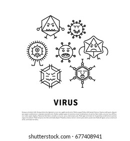 Cartoon virus character vector illustration on white background. Vector illustration of cells of microorganisms, viruses, DNA and RNA. Cells of different pathogens and viruses