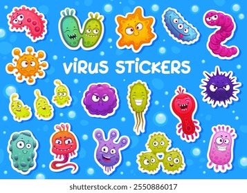 Cartoon virus characters, bacteria and germ stickers. Cute monsters of virus cells, microbes and bacterium vector personages. Stickers pack of funny microorganism or happy infection disease pathogens