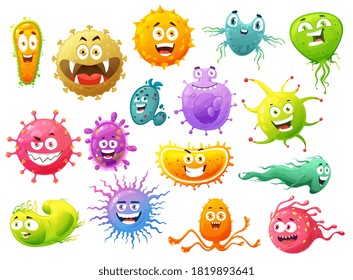 Cartoon-Virus-Charaktere von Vektorbakterien und Keimmonstern. Cute-Mikrobenzellen und Infektionserreger von Coronavirus, Grippe oder Influenza, Rotavirus und Adenovirus mit glücklichen Gesichtern und Lächeln