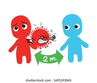 Cartoon Virus Covid-19 can not spread because social distancing. infect protection. vector illustration isolated cartoon hand drawn