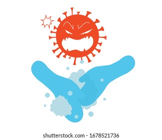 Cartoon Virus Covid-19 don't like peaple washing hand. vector illustration isolated cartoon hand drawn