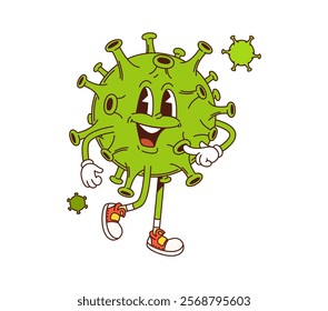 Cartoon virus groovy medicine and health character with cheerful face and hippie sneakers. Vector playful bacteria, germ or coronavirus retro personage walks with happy expression and funky vibe