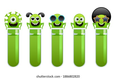 Montaje de mutaciones de virus de dibujos animados con tubo de prueba de laboratorio.Ilustración vectorial.