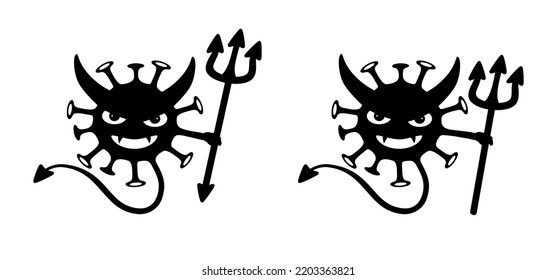 Cartoon virus symbol an the devil face. Funny zombies, alien head. For for Halloween party. Monster virus. Vector dead, death logo. Coronavirus, Covid disease symbol. Mpox, Monkeypox or marburg virus