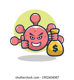 cartoon virus vector illustration design holding a money bag. the covid-19 design concept destroys the economy. flat cartoon style