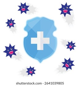 Cartoon viruses and bacteria background, medical shield with cross. Funny vector illustration for health care, immunity, education, hygiene or kids health care and hygiene