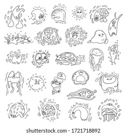 Cartoon viruses and bacteria, childish illustration. Vector hand-drawn stock illustration. Doodles. white isolated background. Set of cute funny monsters, characters with eyes. black line. Germs