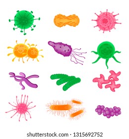 Cartoon viruses and bacteria vector set. Microscopic cell, bacterium and microorganism illustration. Isolated on a white background.