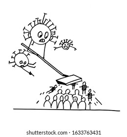 Cartoon viruses drag people into the vacuum cleaner. Doodle illustration. Vector