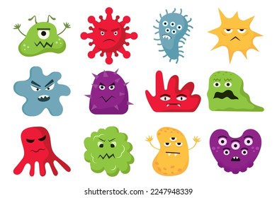 Los virus de caricatura establecen el concepto sin que la gente esté presente en el estilo de dibujo plano. Imágenes de virus de dibujos animados de diferentes formas y colores. Ilustración vectorial.