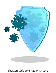 Cartoon Viruses Are Trying To Break Through Defense. Shield, Barrier Against Bacteria And Dangerous Microorganisms. Vector Isolated On White Background