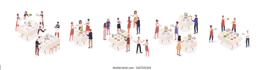 Cartoon visitors at social event isometric vector illustration. Corporate banquet party with celebration people and catering staff. Stand-up meal with guests isolated on white