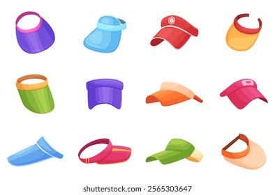 Cartoon visor caps. Headwear for sport training, fitness, workout. Unisex head accessories for promoters, cashier, delivery man. Summer sun protect nowaday vector set